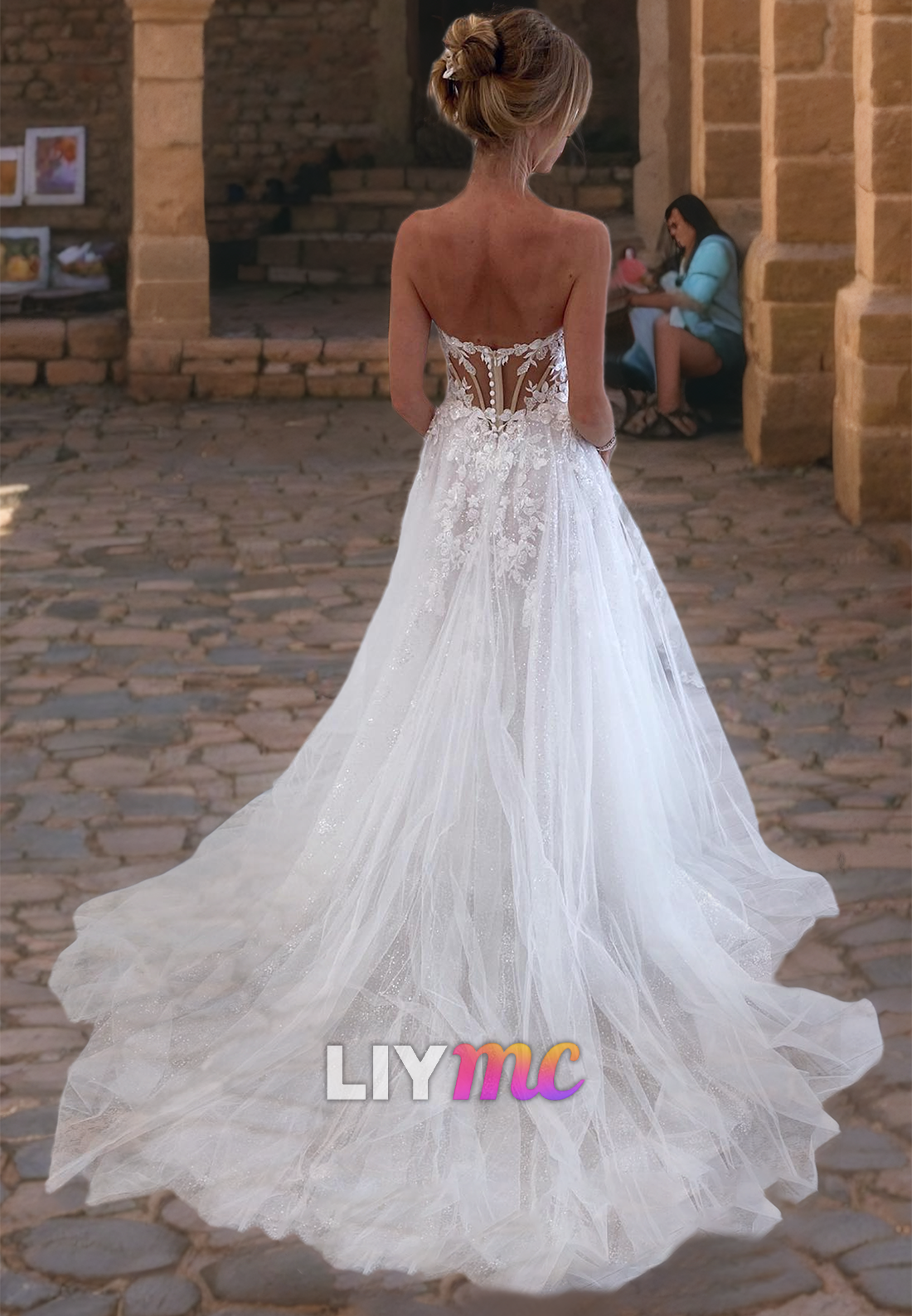 LW025 - A Line Illusion V neck Lace Appliques Rustic Wedding Dress