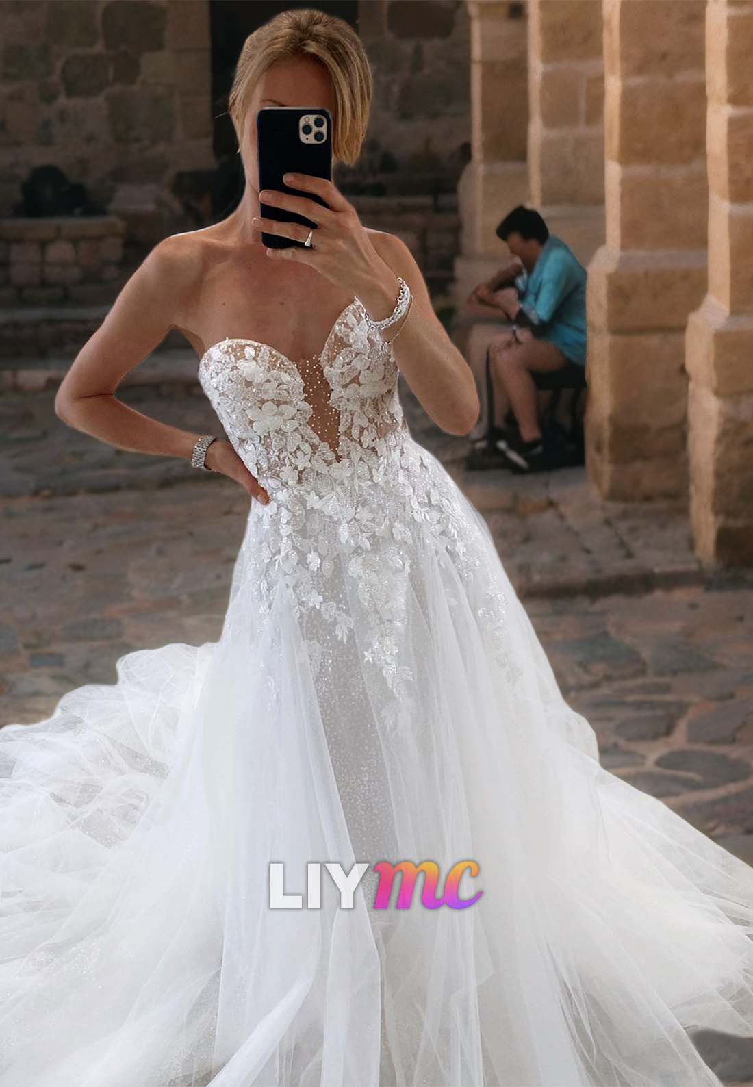 LW025 - A Line Illusion V neck Lace Appliques Rustic Wedding Dress