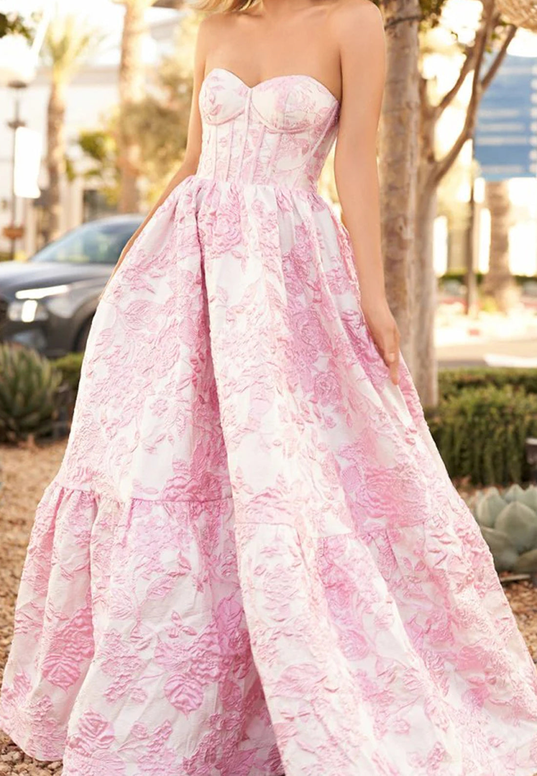 Sweetheart Sleeveless Floral Pleated A-Line Prom Dress