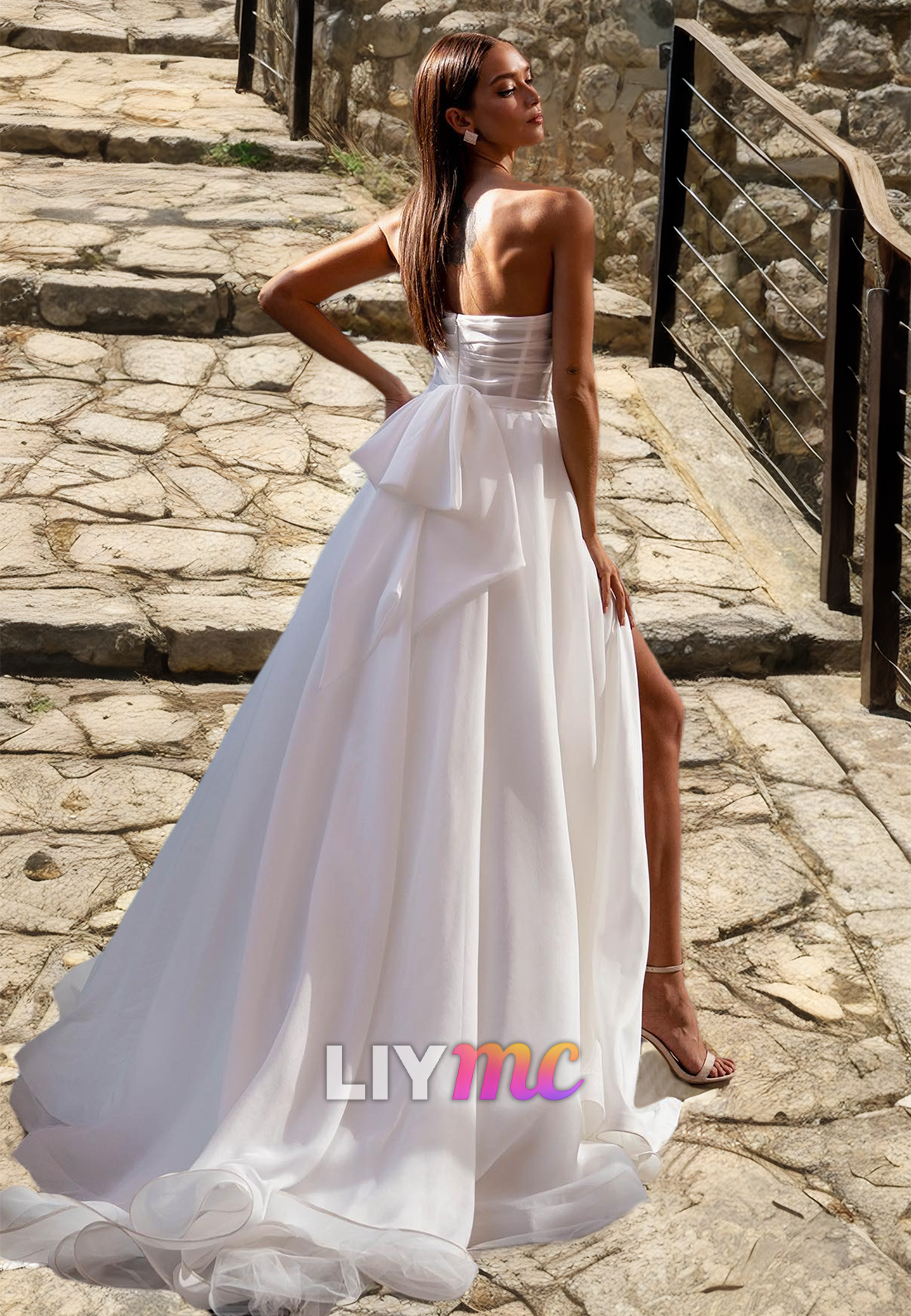 LW022 - A line Strapless Sexy High Split Simple Wedding Dress with Sweep Train