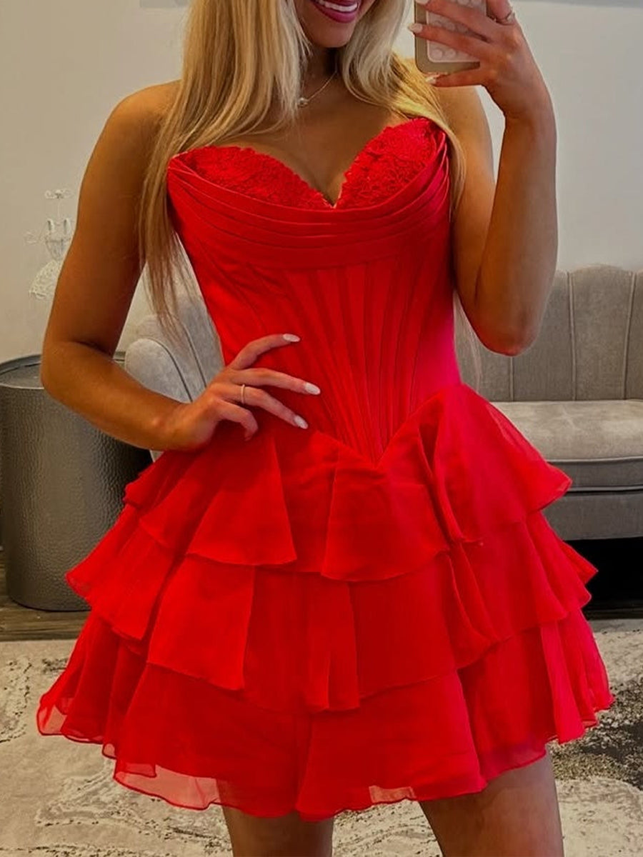A Line Short Corset Homecoming Dress with Ruffles