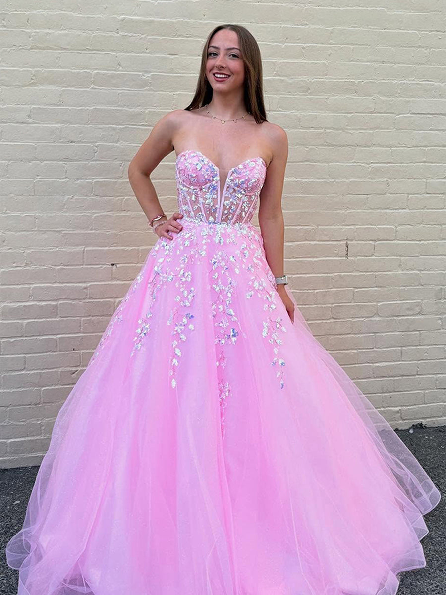 Sweetheart Strapless Long Corset Prom Dress with Appliques