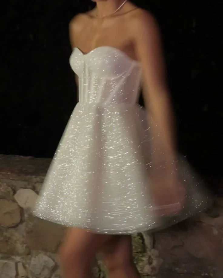 Sweetheart White Sparkle Wedding Dress A-Line Birthday Dress