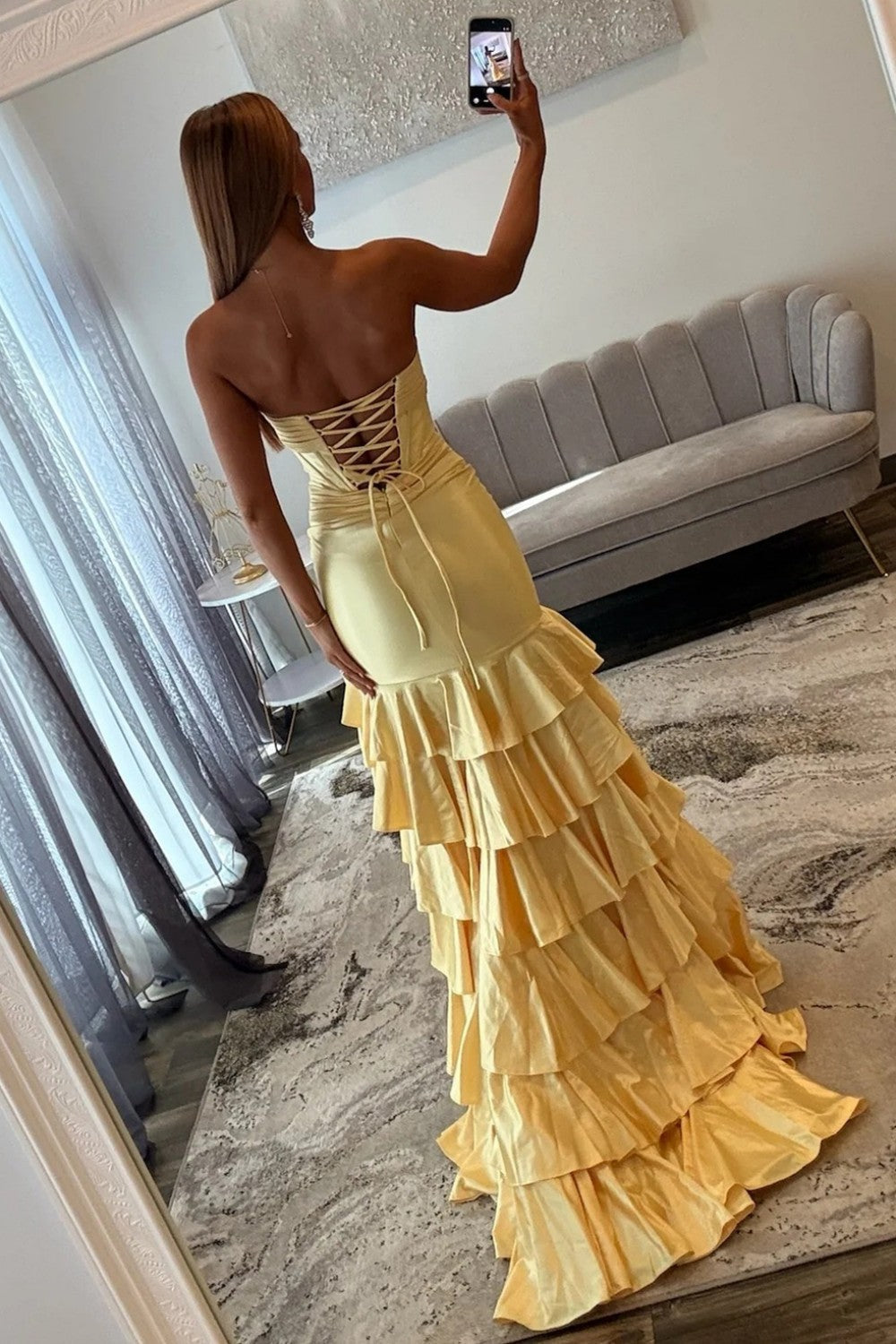 Fashionable Mermaid Sweetheart Yellow Corset Prom Dress with Ruffles - View 2 | FashionDia