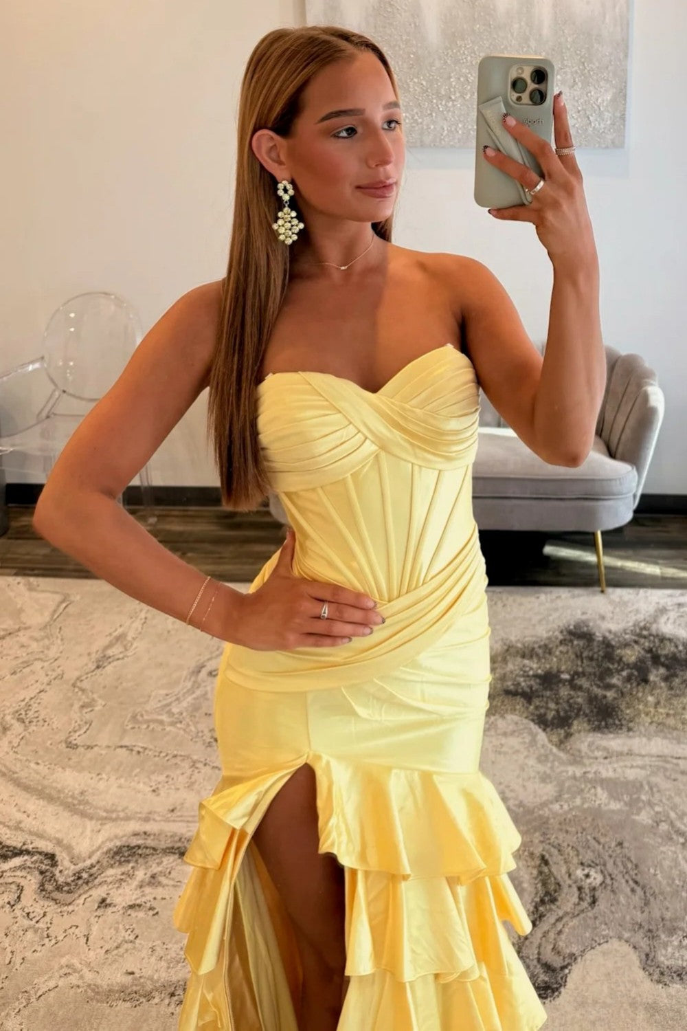 Fashionable Mermaid Sweetheart Yellow Corset Prom Dress with Ruffles - View 3 | FashionDia