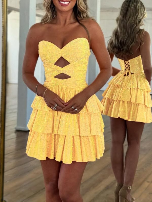 Sweetheart Yellow Satin Layered Homecoming Dress J10715