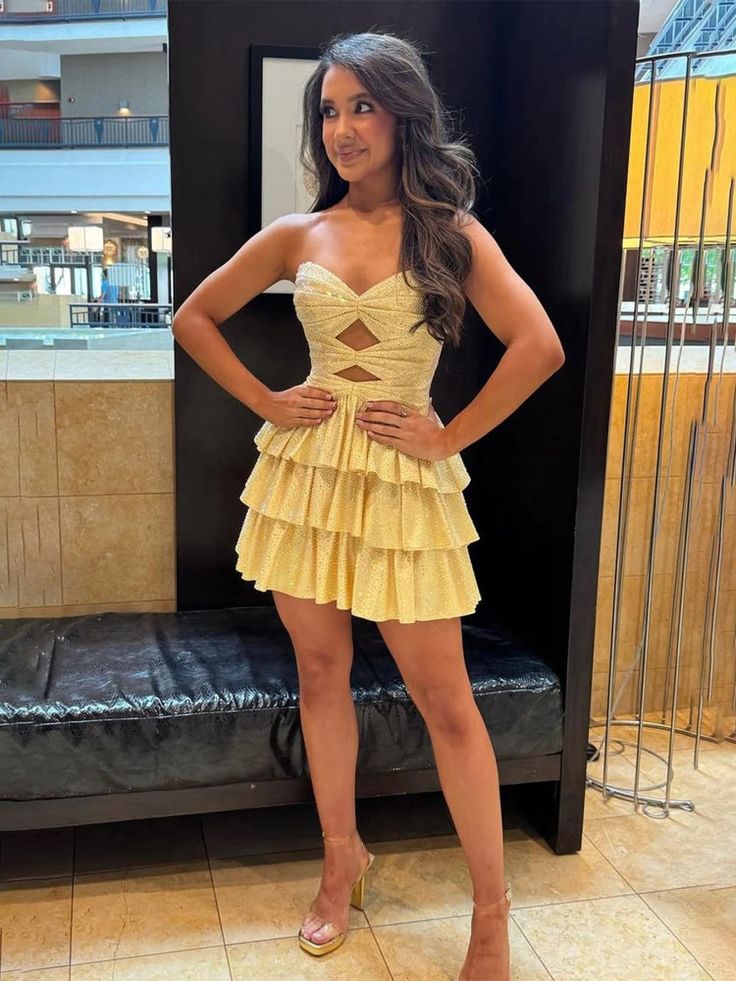 Sweetheart Yellow Satin Layered Homecoming Dress J10715