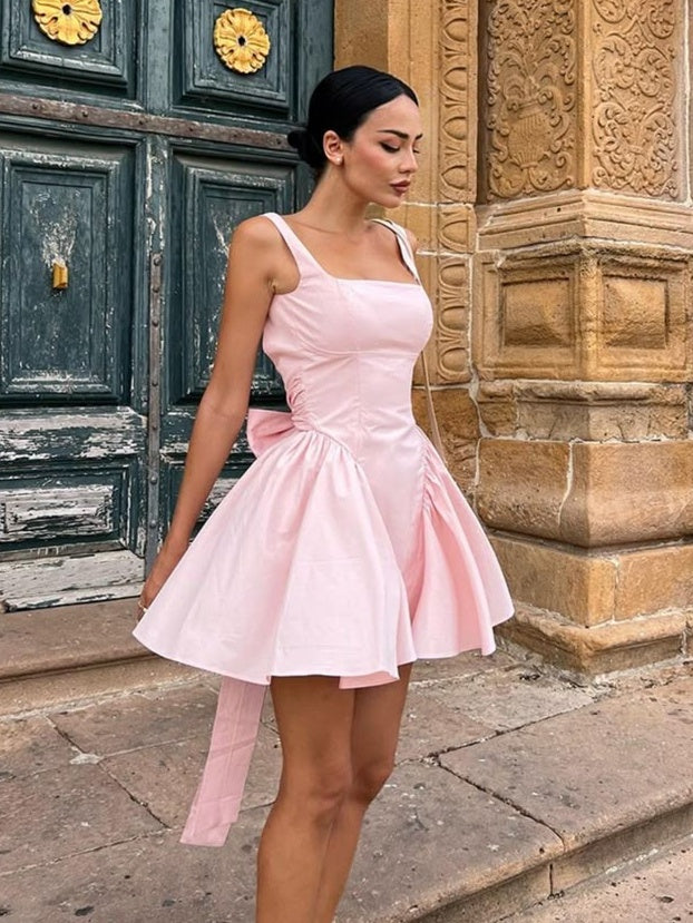 Sweety A Line Square Neck Pink Short Homecoming Dress with Bowknot