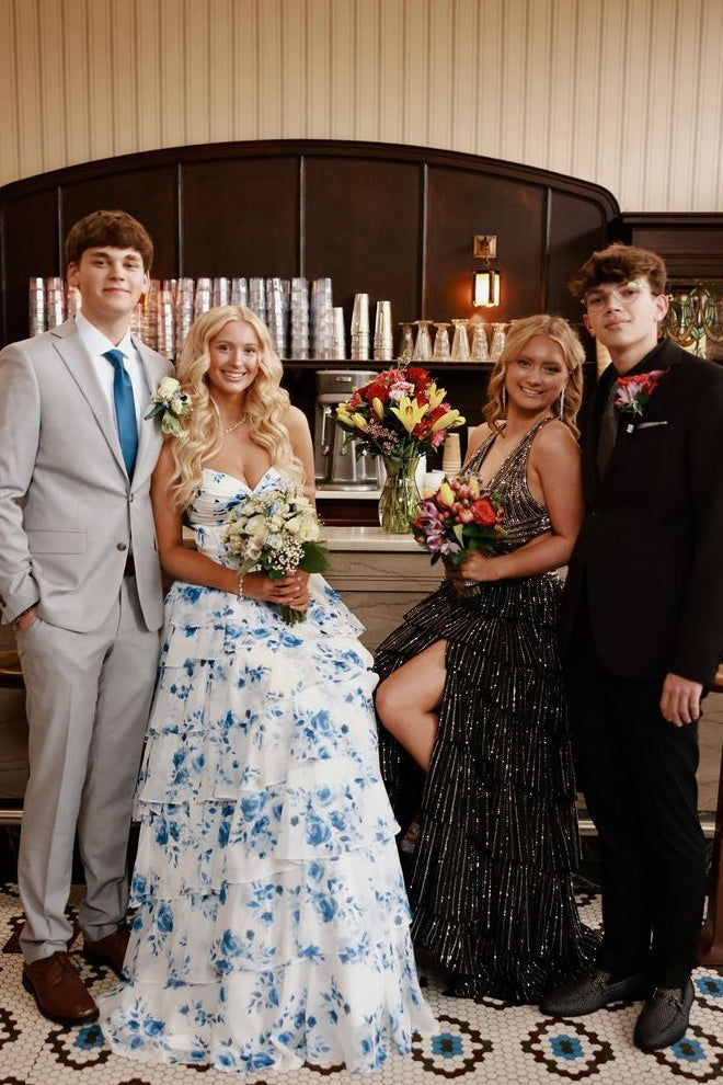 Sweety A Line Sweetheart Blue Floral Printed Long Prom Dress with Ruffles