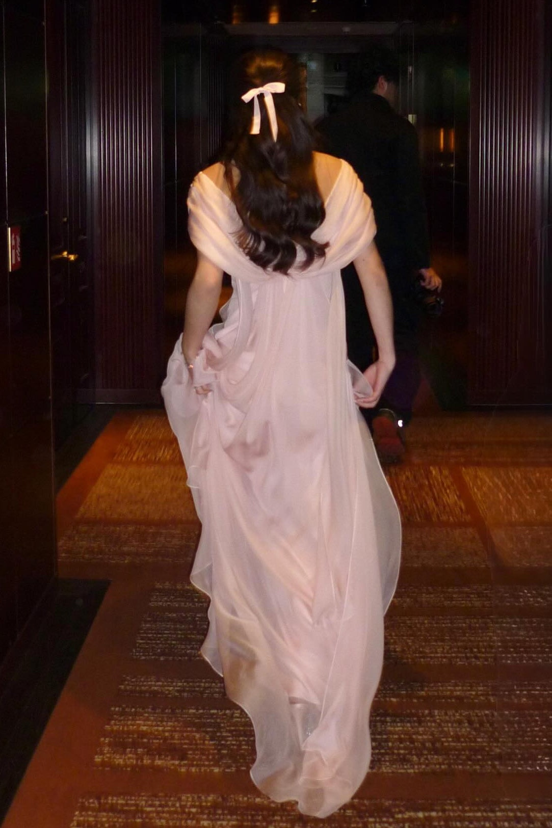 Elegant A Line V Neck Pink Chiffon Long Prom Dress with Ruffles - View 5 | FashionDia