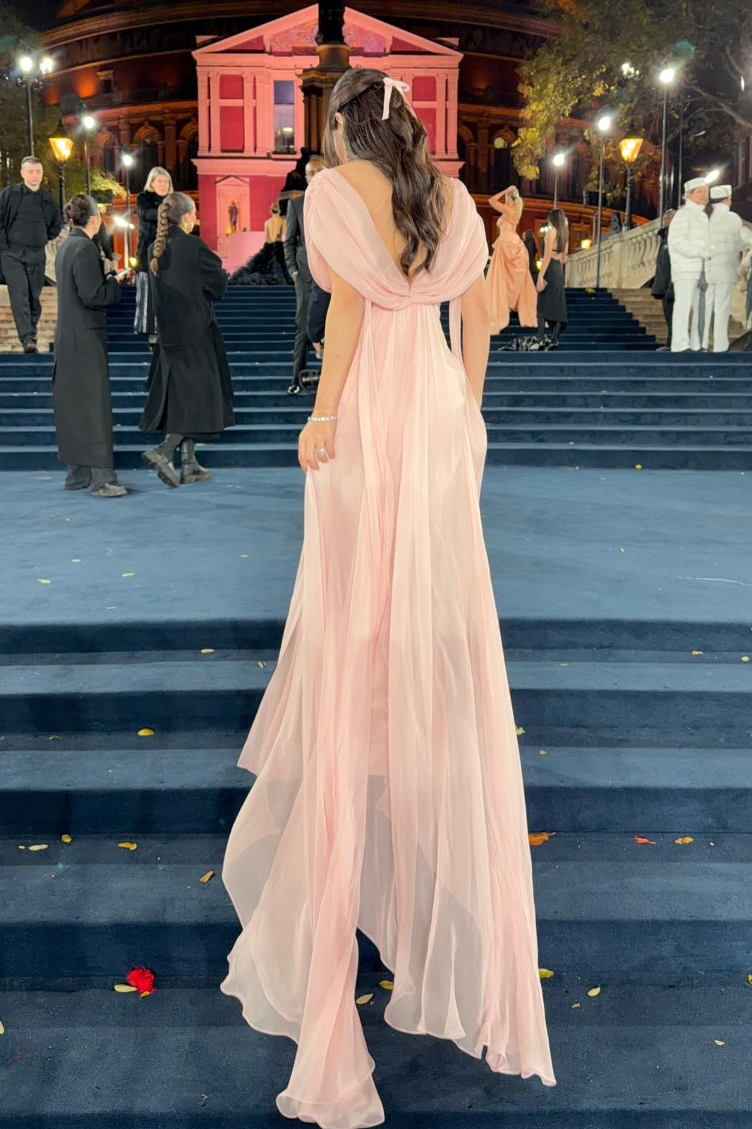 Elegant A Line V Neck Pink Chiffon Long Prom Dress with Ruffles - View 2 | FashionDia