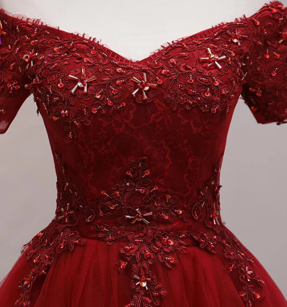 Tulle Dark Red Off-the-Shoulder Knee Length Homecoming Dress, Red Party Dress - View 4 | FashionDia