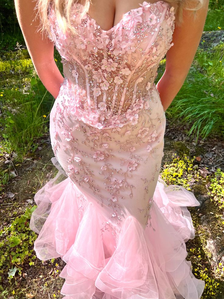 Pretty Strapless Pink Tulle Appliques Beaded Mermaid Party Dress Long Evening Gown - FashionDia