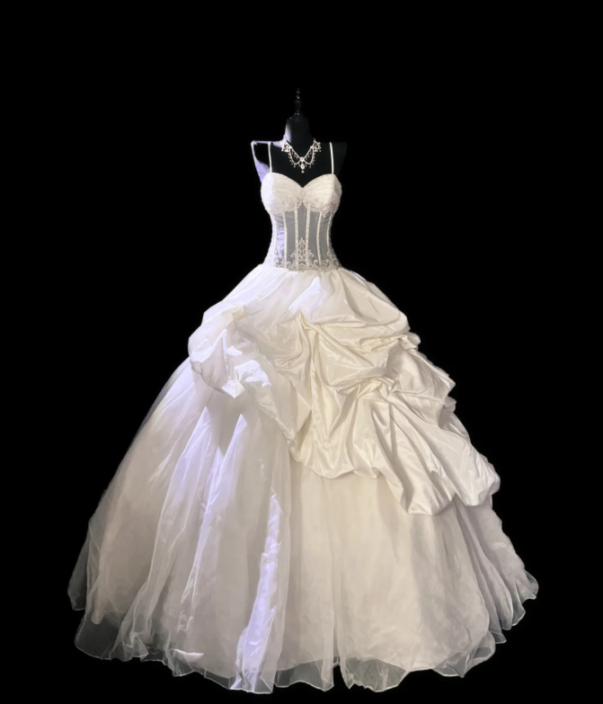 Pretty Spaghetti Straps Tulle Satin Pleated Beaded White Formal Wedding Dress - FashionDia