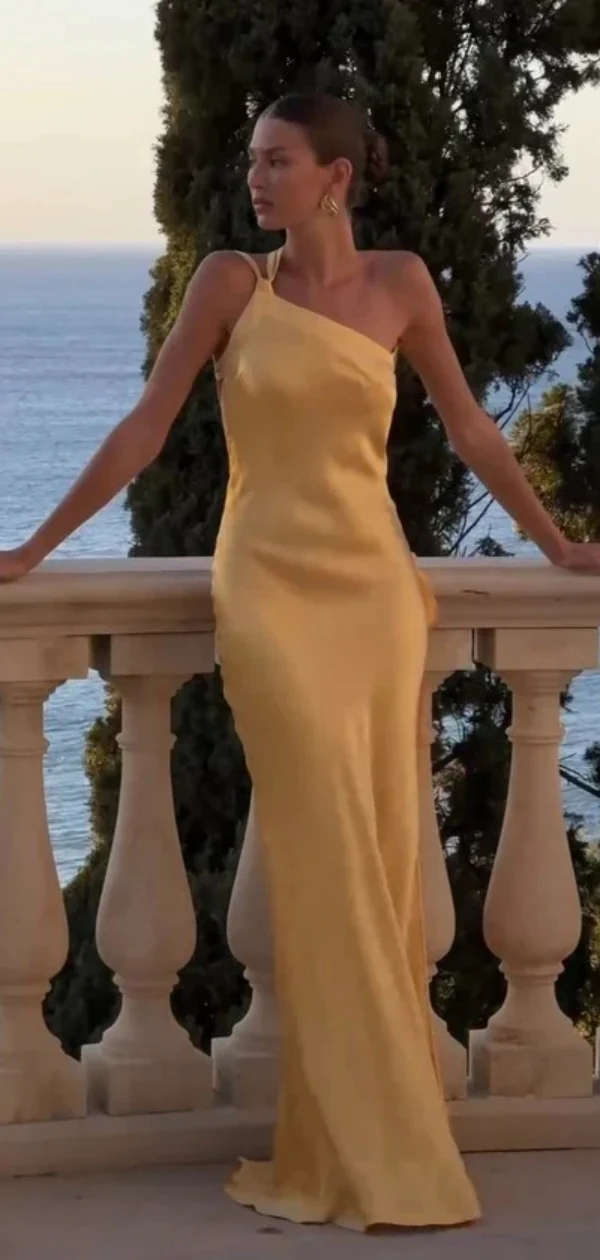 Elegant Yellow One Shoulder Backless Evening Dress Long Prom Dress