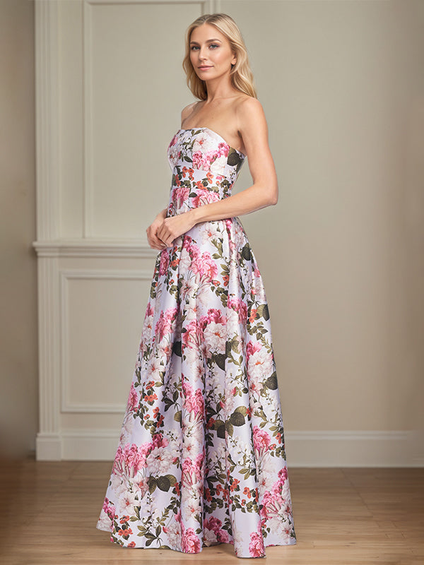 A-Line Off-the-Shoulder Floor-Length Satin Floral Mother of the Bride Dress - View 3 | FashionDia