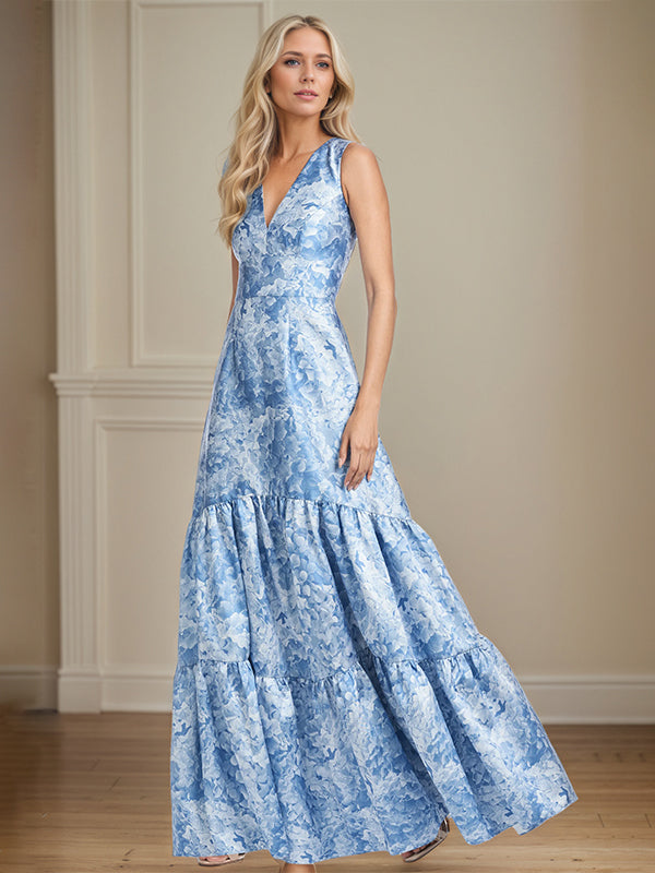A-Line V-Neck Light Bue Floral Satin Mother of the Bride Dress