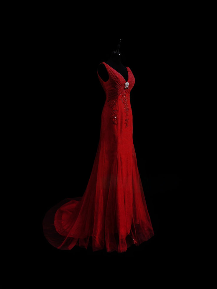 Charming Red V-Neck Satin Tulle Mermaid Evening Dress Long Prom Dress - View 2 | FashionDia