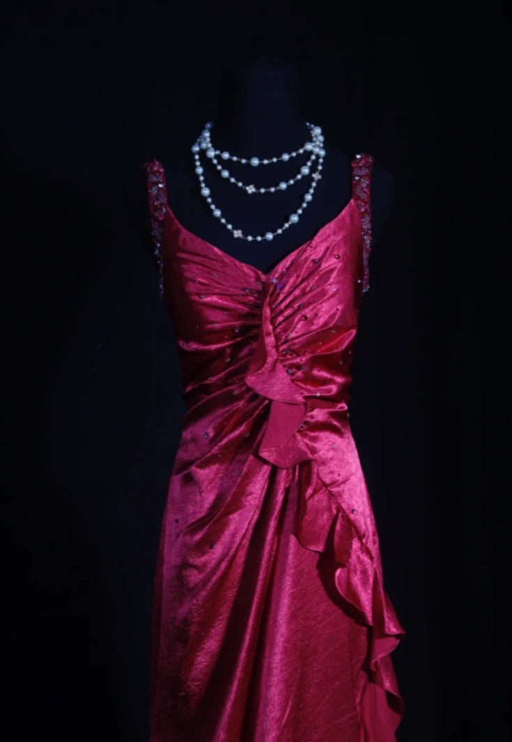 Pretty V-Neck Hot Pink Satin Pleated Beaded Ruffles Mermaid Evening Dress Long Prom Dress - View 2 | FashionDia