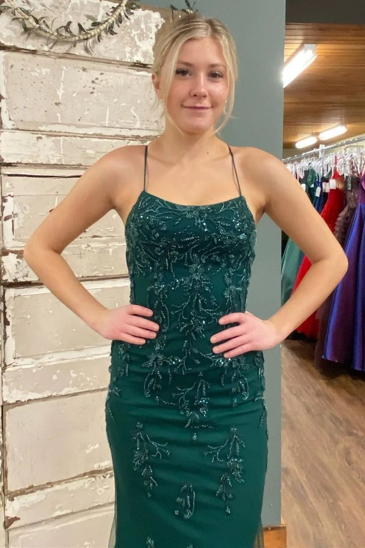 Sexy Backless Mermaid Green Tulle Beaded Long Prom Dress Formal Evening Gown - View 2 | FashionDia