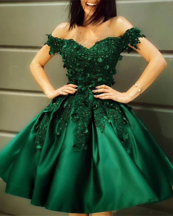 Dark Green Homecoming Dress With 3D Lace Flowers - FashionDia