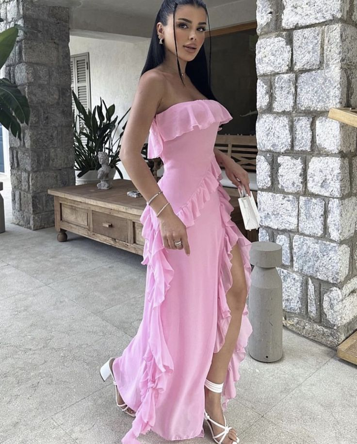 Pink Strapless Chiffon Ruffle Evening Dress,Slit Party Prom Dress - FashionDia