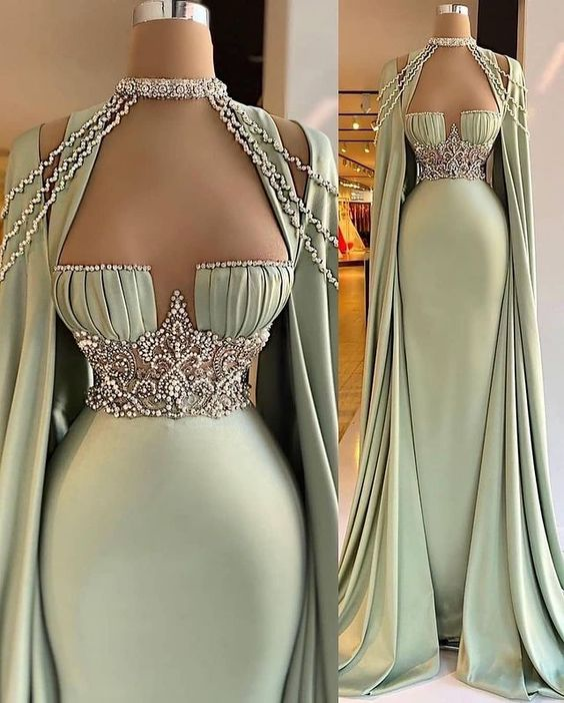 Arabic Green Mermaid Evening Dress Elegant Sleeveless Halter Neck Soft Satin Beading Prom Dresses Long Party Gown - View 2 | FashionDia