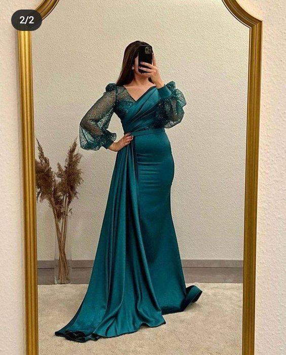 Mermaid V Neck Satin Evening Dress Long Sleeves