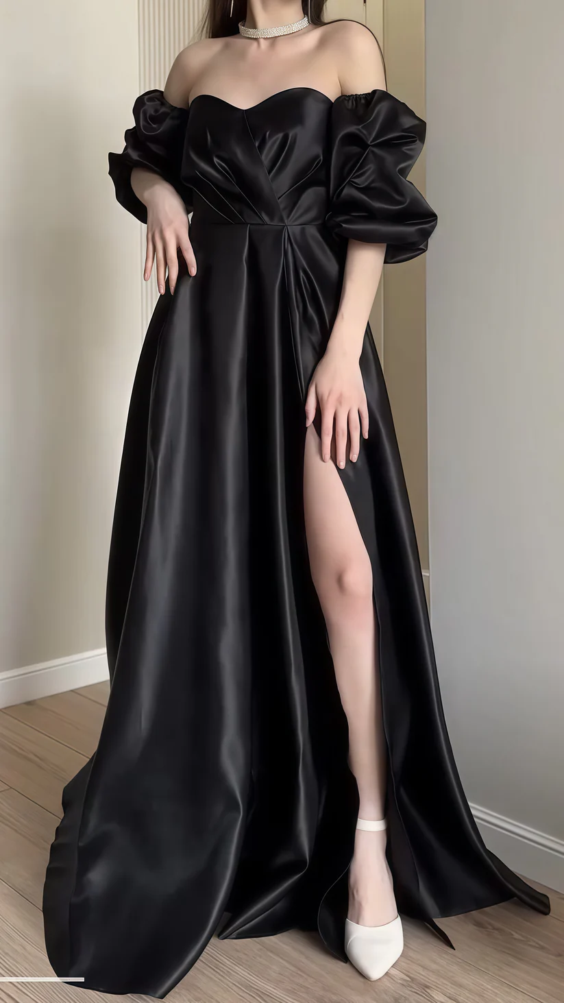Pretty Black Off-the-Shoulder Puff Sleeves Evening Dress,A-Line Slit Party Gown - FashionDia