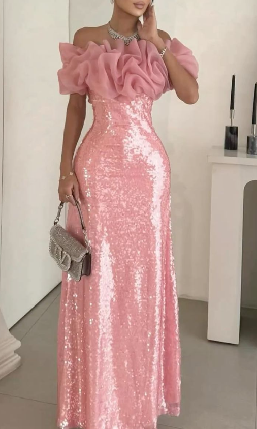 Shiny Off-the-Shoulder Sequin Mermaid Evening Dress Pink Long Party Gown - FashionDia