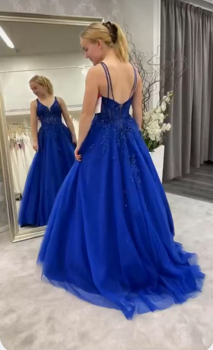 A-Line V-Neck Royal Blue Prom Dress Sleeveless Prom Dress Sweet 16 Dress - View 2 | FashionDia