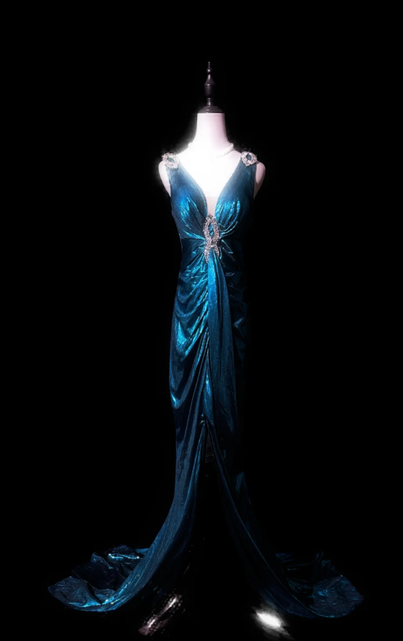 Charming V-Neck Blue Satin Beaded Mermaid Evening Dress Long Party Dress - FashionDia