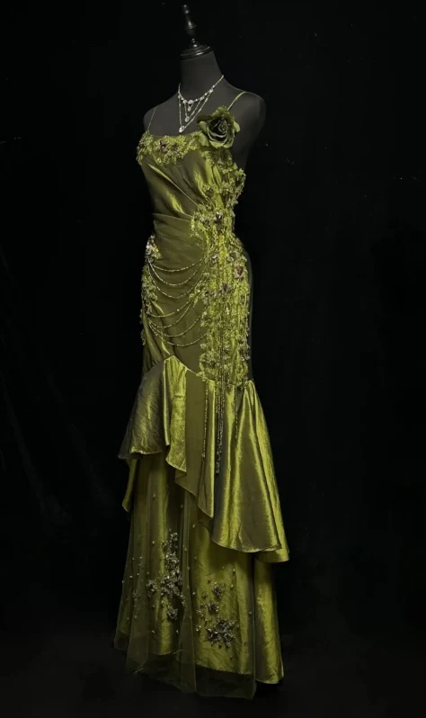 Vintage Spaghetti Strap Olive Green Satin Beaded Mermaid Long Prom Dresses Formal Prom Gown - View 3 | FashionDia
