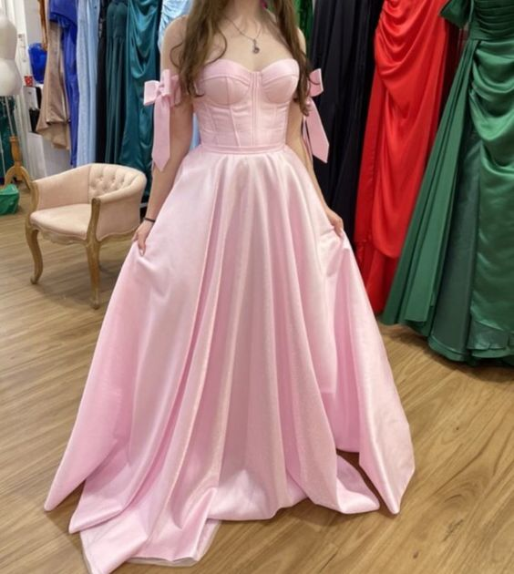 Pink Satin A-Line Long Prom Dress,Pink Graduation Dress - FashionDia