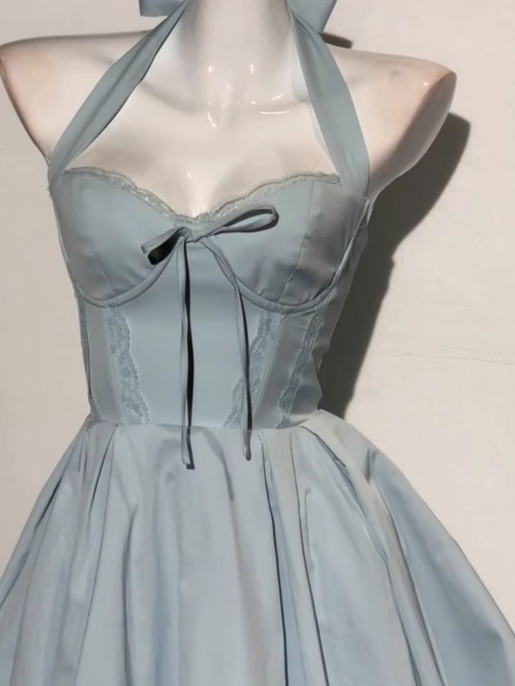 Blue Halter Neck A Line Short Birthday Dress Homecoming Dress