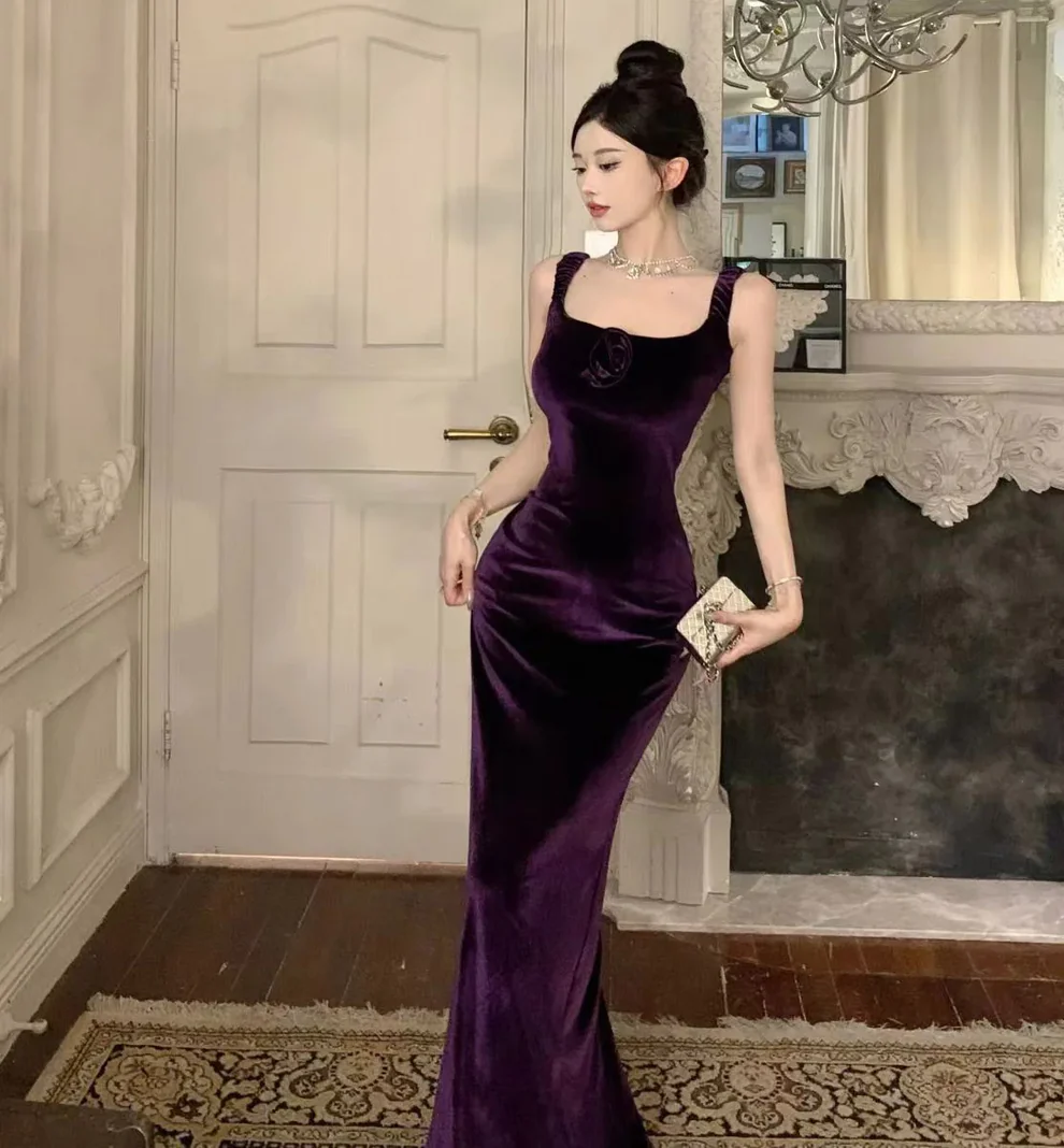 Purple Elegant Off-the-Shoulder Mermaid Evening Dress,Velvet Slit Mermaid Party Prom Dress - View 5 | FashionDia