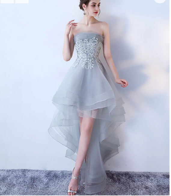 Gray tulle lace High-Low prom dress, cute homecoming dress - FashionDia