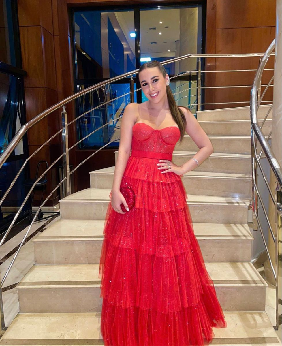 Red Multi-Layers Strapless A-line Tulle Long Evening Dress