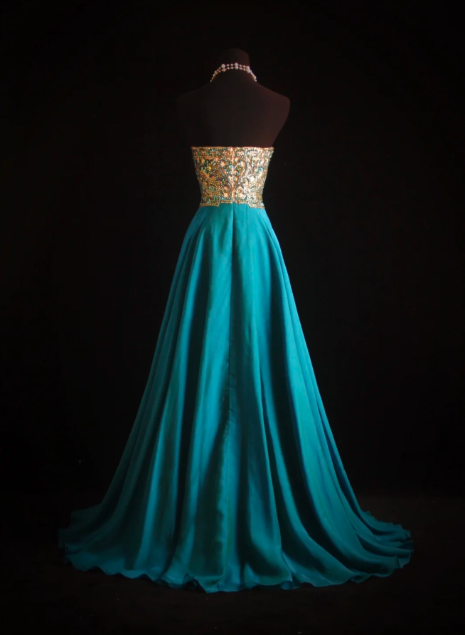 Unique Blue Green Strapless Satin Beaded Long Wedding Guest Dress Formal Birthday Party Dress Prom Gown - View 4 | FashionDia