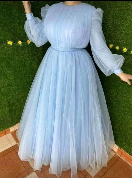 Modest Blue A-line Tulle Prom Dress,Blue Senior Prom Gown