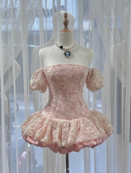 Cute Pink Strapless Lace Satin A-Line Short Homecoming Dress 21st Birthday Party Dress - View 4 | FashionDia