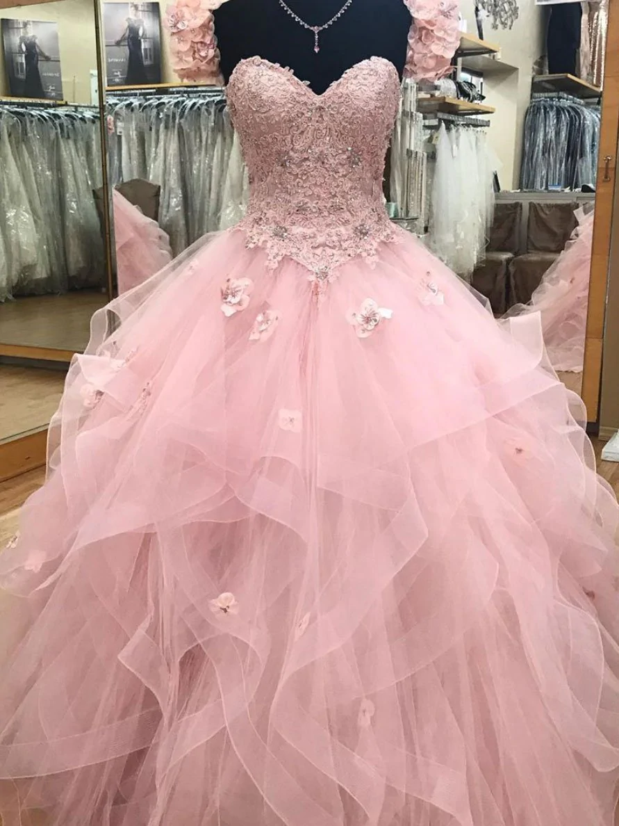 Pink Sweetheart neck tulle lace long prom dress, sweet 16 dress - FashionDia