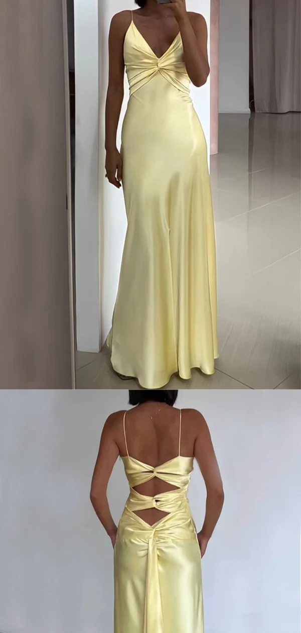 Sexy Spaghetti Strap Yellow Mermaid Satin Evening Prom Dress,Long Party Dress - View 4 | FashionDia