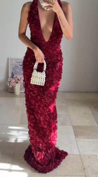 Gorgeous Deep V Burgundy Rose Flowers Long Party Evening Dress,Sheath Prom Dress