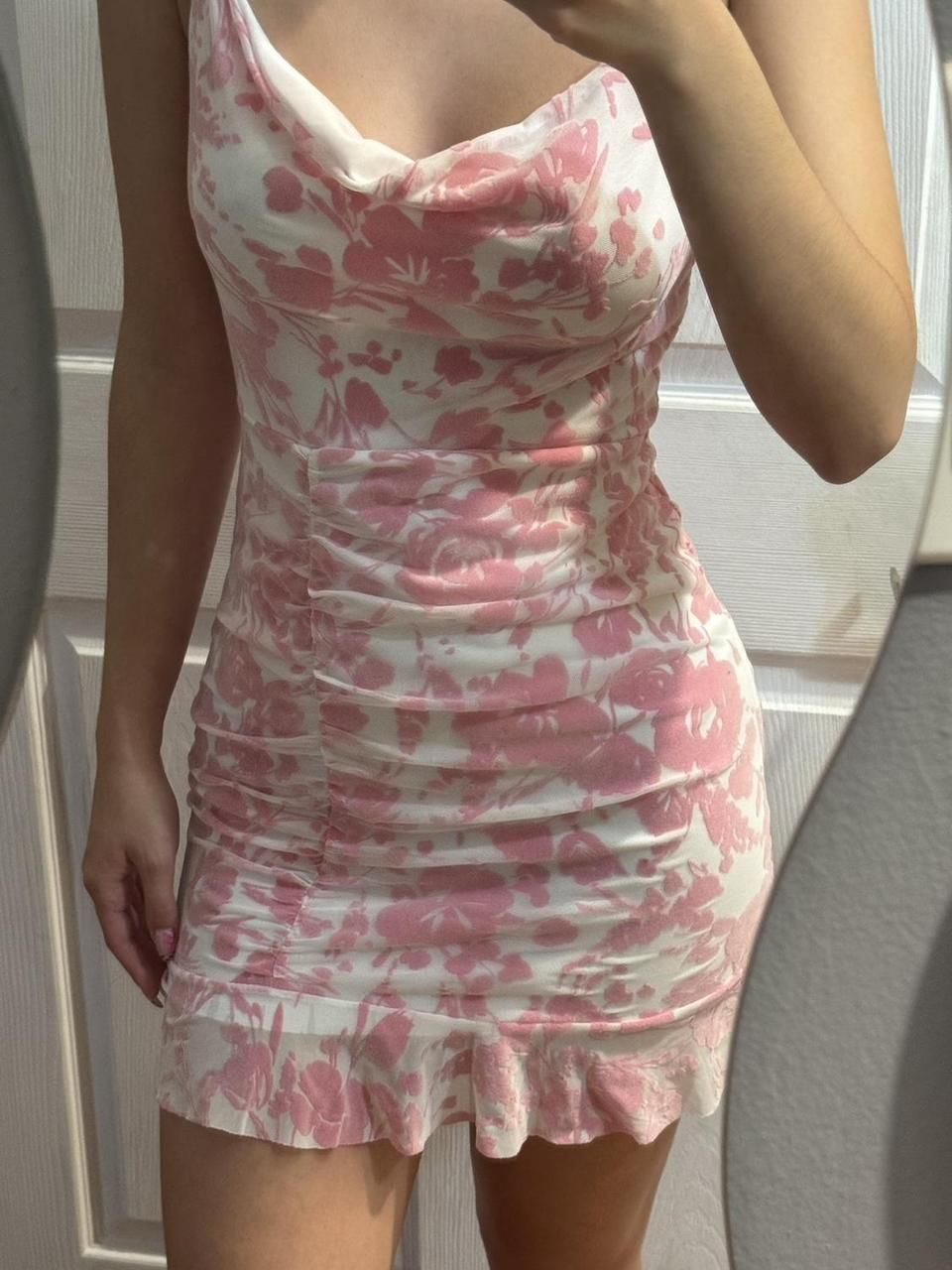 Charming Pink Chiffon Print Floral Ruffles Short Birthday Outfits Formal 8th Grade Homecoming Dress - FashionDia