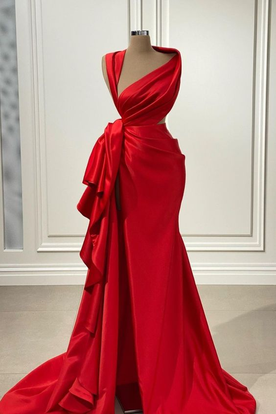 Elegant Red Long Prom Dress With High Slit,Pageant Dress
