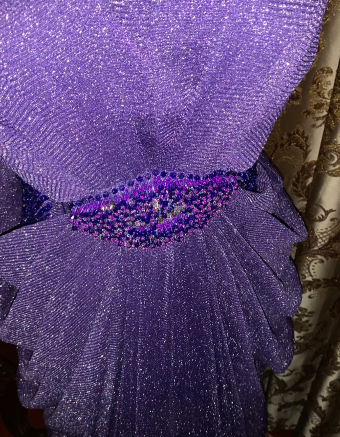 Sparkly Purple Tulle Sequin Beaded Pleated Mermaid Evening Dress Long Birthday Prom Gown - View 9 | FashionDia
