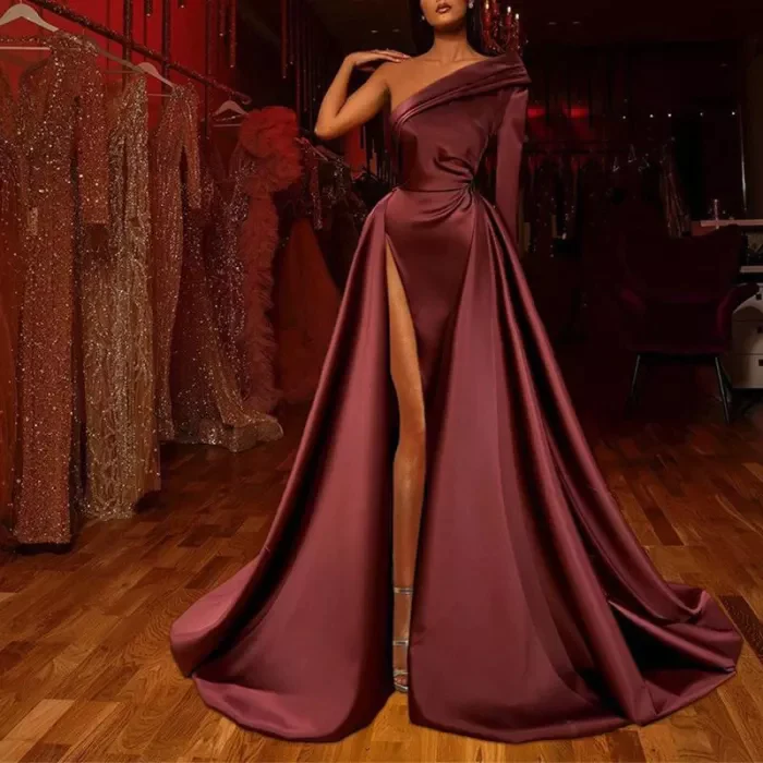 Elegant One Long Shoulder Solid Color Long-sleeve Evening Dress High Split