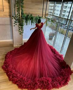 A-Line V-Neck Ball Gwon Puffy Burgundy Sweet Ruffled Quinceanera Dress Tulle Sweet 16 Train Dress Dresses - View 3 | FashionDia