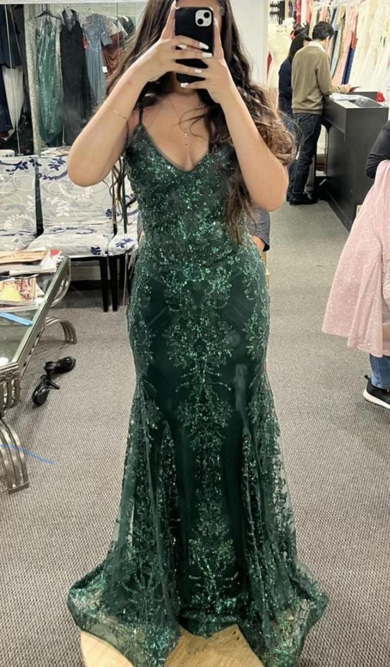 Unique Green Lace Mermaid Evening Gown Long Prom Dress
